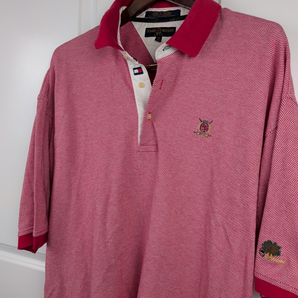 Vintage Tommy Hilfiger Golf Polo Mens XXL Red Embroidered Crest Tree 100% Cotton